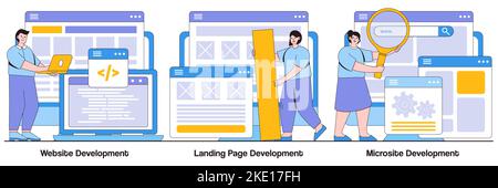 Website, landing page, and microsite development concepts with people characters. Webpage programming vector illustration pack. Front and back end, de Stock Vector