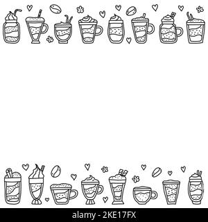 Poster with doodle outline coffee drinks and white background. Stock Vector