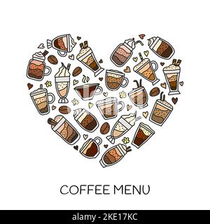 Doodle colored coffee drinks composed in heart shape. Stock Vector