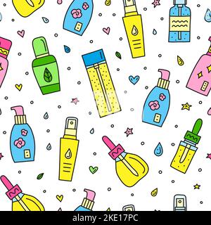 Seamless pattern with doodle colored skin care serum, ampoule, essence bottles. Stock Vector
