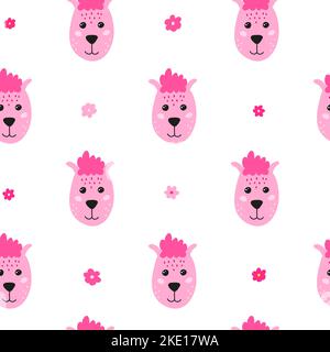 Cute seamless pattern with doodle pink lama faces and flowers. Stock Vector