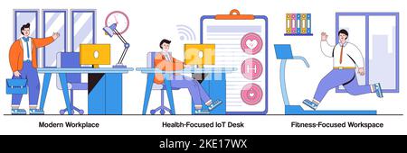 Modern workplace, health-focused IOT desks, fitness-focused lifestyle concepts with people characters. Modern office illustration pack. Employee happi Stock Vector