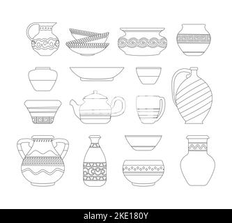 Outline vases. Abstract vintage linear pottery icons, minimal ancient decorative ceramic utensil pot jug vessel urn, simple clay craft objects. Vector set of pottery vase antique illustration Stock Vector