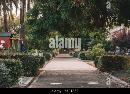 Valencia, Spain. A park with green plants, trees and bushes and a playground for children, with a pedestrian wooden boardwalk on which two pigeons are Stock Photo