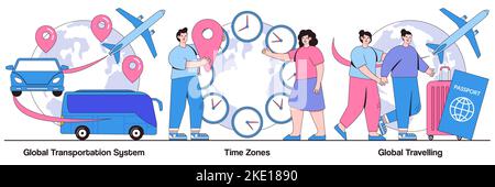 Global transportation system, time zone, global traveling concepts with people characters. International business coordination illustration pack. Worl Stock Vector
