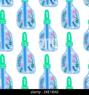 White seamless pattern with colorful doodle medical herbal or cosmetic pipette bottles and Scandinavian floral ornament. Stock Vector