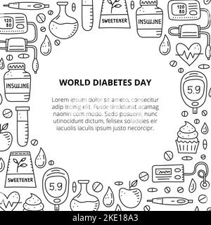 Poster with doodle outline diabetes items, including insulin pen, pump, tonometer, blood drop, glucometer, cupcake, flask, sweetener, heart, test tube Stock Vector