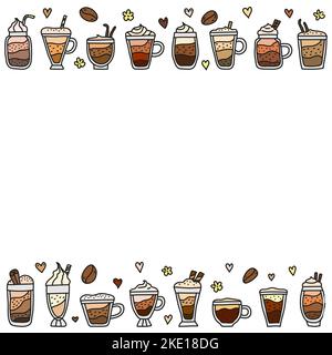 Poster with doodle colored coffee drinks and white background. Stock Vector