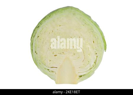 Green round cabbage cut in half, isolated on white background Stock Photo