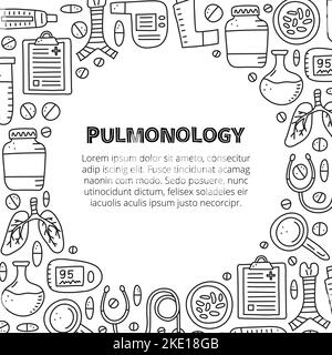 Poster with doodle outline pulmonology items, including lungs, trachea, spirometer, loupe, bacteria, pulse oximeter, pick flow meter, pocket inhaler i Stock Vector