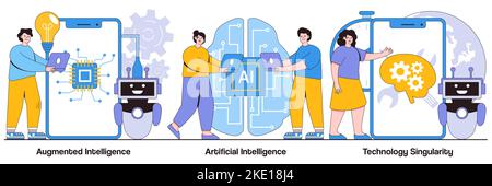 Augmented intelligence, artificial cognitive robotics, technological singularity concepts with people characters. Cutting edge technology illustration Stock Vector