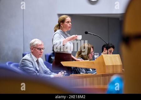 2022-11-09 17:46:22 THE HAGUE - Marnix van Rij, State Secretary for Taxation, Carola Schouten, Minister for Poverty Policy, Participation and Pensions, Aukje de Vries, State Secretary for Benefits and Customs and Rob Jetten, Minister for Climate and Energy during a debate on the Tax Plan 2023. about an intensification of the child budget and amendment of the General Old Age Pensions Act. ANP PHIL NIJHUIS netherlands out - belgium out Stock Photo