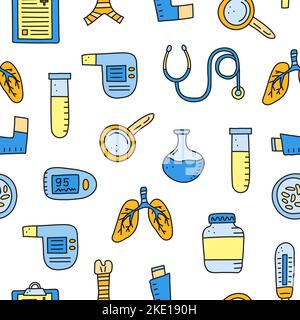 Seamless pattern with doodle colored pulmonology items, including lungs, trachea, spirometer, loupe, bacteria, pulse oximeter, pick flow meter, pocket Stock Vector