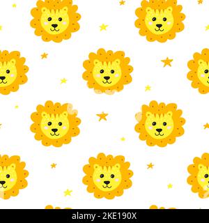 Cute seamless pattern with doodle orange lion faces and stars. Stock Vector
