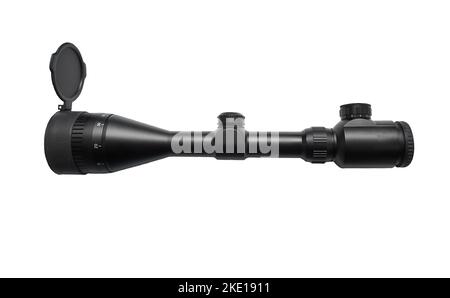 Modern black optical sniper scope for weapon isolated on white. sight scope isolated on white background Stock Photo