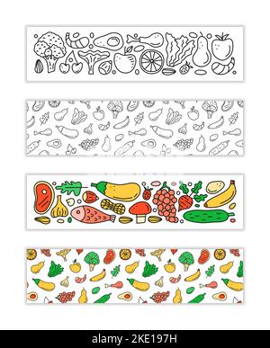 Horizontal banners with doodle paleolithic foods including fish, meat, vegetables, eggs, oil, nuts, berries isolated on white background. Stock Vector
