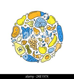 Doodle colored foods for paleolithic diet including fish, meat, vegetables, eggs, oil, nuts, berries in circle shape. Low carbs, high fats diet. Stock Vector
