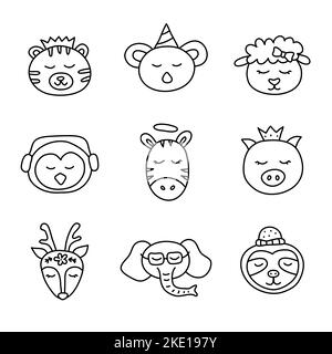 Set of cute doodle animal faces in scandinavian style isolated on white background. Stock Vector