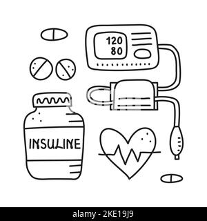 Set of doodle outline diabetes items, including tonometer, pills, insulin bottle, heart isolated on white background. Can be used for posters, cards, Stock Vector