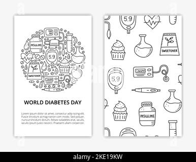 Card templates with doodle outline diabetes items. Used clipping mask. Stock Vector