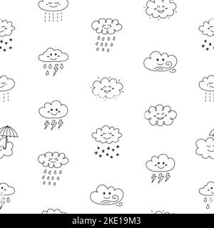 Black and white seamless pattern with doodle outline happy clouds. Stock Vector