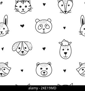 Black and white seamless pattern with doodle animal faces and hearts. Stock Vector