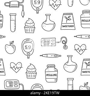 Black and white seamless pattern with doodle outline diabetes items, including insulin pen, pump, tonometer, blood drop, glucometer, cupcake, flask, s Stock Vector