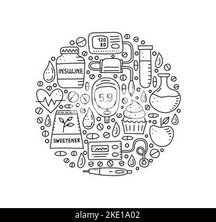 Doodle outline diabetes items, including insulin pen, pump, tonometer, blood drop, glucometer, flask, sweetener, heart, test tube composed in circle s Stock Vector