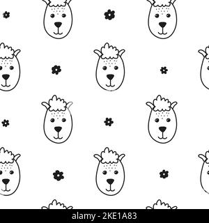 Black and white seamless pattern with doodle outline lama faces and flowers. Stock Vector