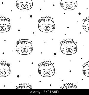 Black and white seamless pattern with doodle outline tiger faces and dots. Stock Vector