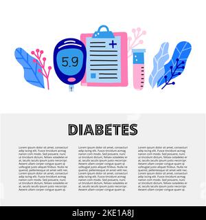 Article template with space for text and doodle colored diabetes icons including glucometer, blank clipboard, test tube, fluid leaves. Stock Vector