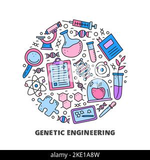 Doodle colored genetic engineering icons including dna, microscope, syringe, blank clipboard, molecule, plant in test tube, puzzle, book, tablet compo Stock Vector