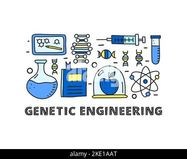 Group of doodle colored genetic engineering icons including dna, syringe, molecule, test tube, tablet with formula, apple in glass, book and lettering Stock Vector