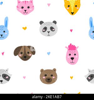 Seamless pattern with colorful doodle animal faces and hearts. Stock Vector