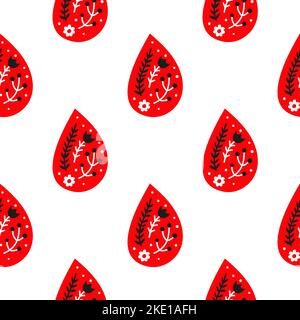 White seamless pattern with red doodle blood drops and Scandinavian floral ornament. Stock Vector