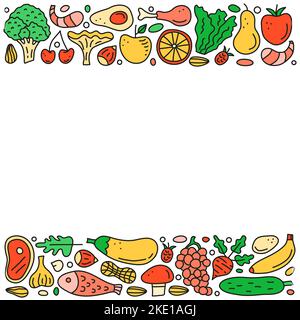 Poster with doodle colored paleo foods including fish, meat, vegetables, eggs, oil, nuts, berries and empty space isolated on white background. Stock Vector