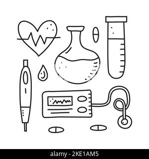 Set of doodle outline diabetes items, including pills, flask, insulin pen, pump, test tube, heart isolated on white background. Can be used for poster Stock Vector