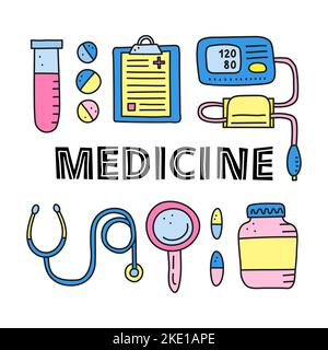 Poster with doodle colored medical items, including test tube, blank clipboard, pills, tonometer, stethoscope, loupe, bottle and lettering isolated on Stock Vector