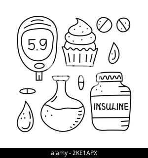 Set of doodle outline diabetes items, including glucometer, pills, insulin bottle, cupcake, flask, blood drop isolated on white background. Can be use Stock Vector