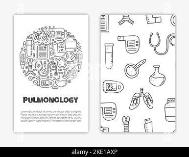 Card templates with doodle outline pulmonology items. Used clipping mask. Stock Vector