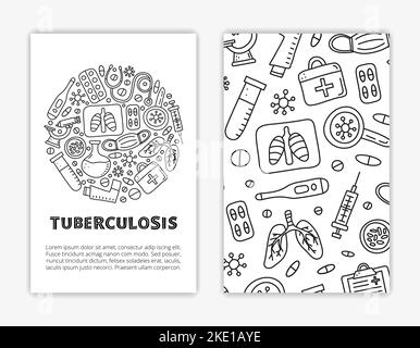 Card templates with doodle outline tuberculosis items. Used clipping mask. Stock Vector