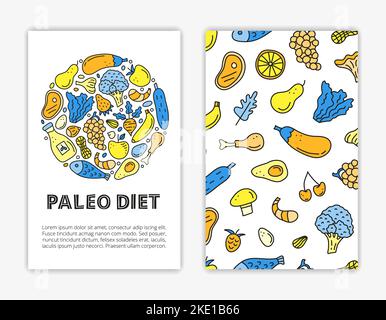 Card templates with doodle colored paleolithic foods. Low carbs, high fats nutrition. Used clipping mask. Stock Vector