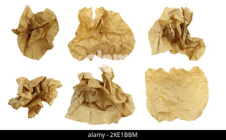 Six pieces of brown crumpled paper isolated on white background. Set of folded trash Stock Photo