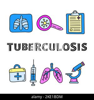 Poster with doodle colored tuberculosis items, including lungs x-ray ...