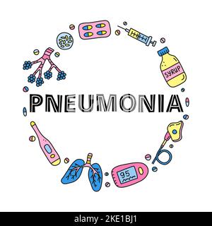 Doodle colored pneumonia icons including alveoli, lungs, cough syrup, icu ventilator, pulse oximeter, thermometer, virus, pills composed in circle sha Stock Vector
