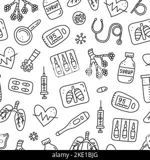 Black and white seamless pattern with doodle outline pneumonia icons including alveoli, lungs, x-ray, cough syrup, heart, icu ventilator, pulse oximet Stock Vector