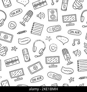 Black and white seamless pattern doodle outline podcast icons including smartphone, tablet, headphones, microphone, voice recorder, play button, louds Stock Vector