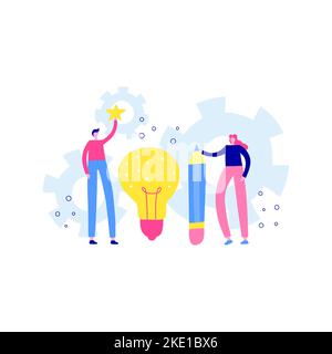 Tiny man and woman characters standing near a giant light bulb on white background. Idea brainstorming. Creative thinking. Stock Vector