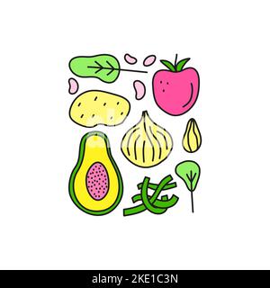 Group of doodle colored iodine food sources including spinach, tomato, potato, onion, papaya, almond, beans, seaweed isolated on white background. Stock Vector