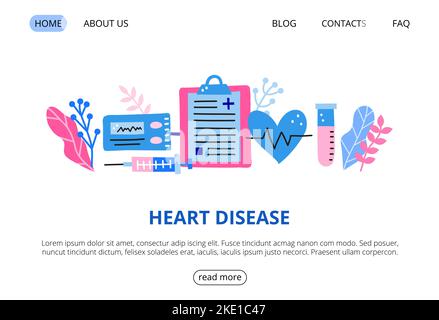 Web page template with big pulseoximeter, syringe, blank clipboard, pulse, test tube, leaves. Heart disease. Landing page concept. Modern flat doodle Stock Vector